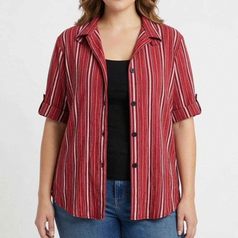 Gloria Lance Red & White Striped Short Sleeve Button Down Shirt Blouse X-Large